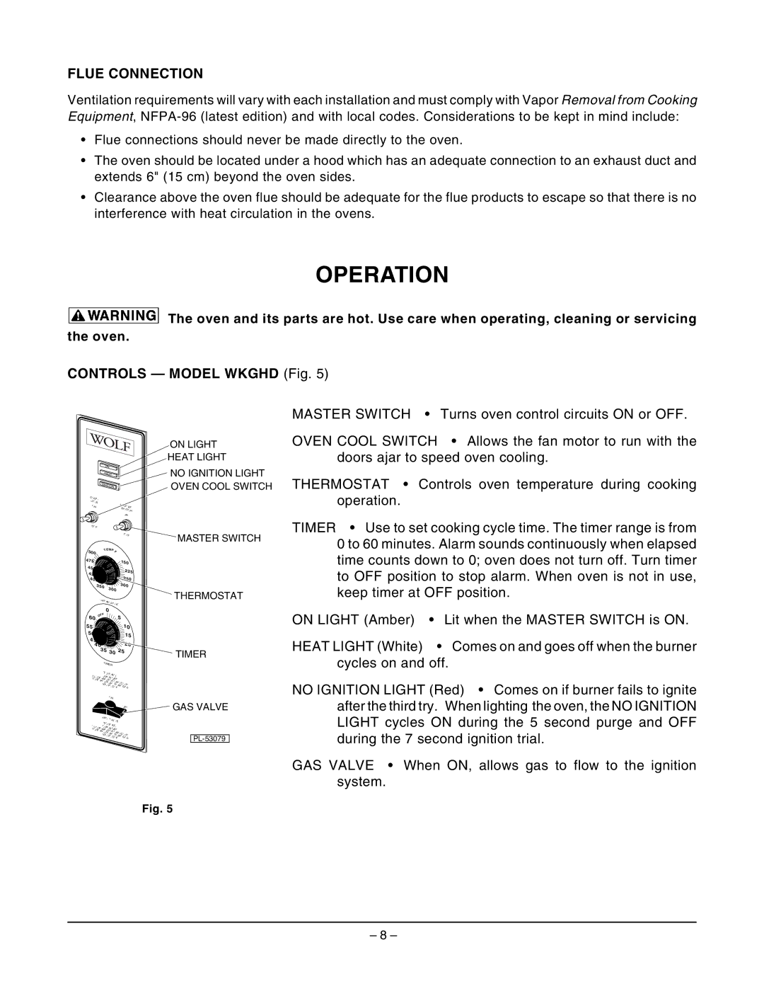 Wolf Appliance Company WKGHC ML-767590, WKGHD ML-767589 owner manual Operation, Flue Connection, Controls Model Wkghd Fig 