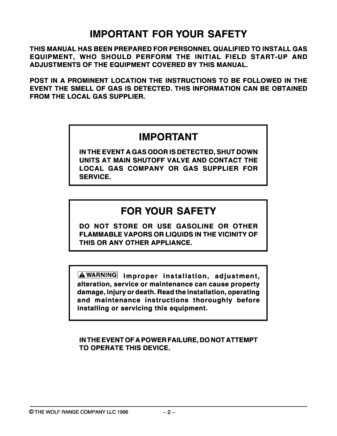 Wolf Appliance Company WKGHC ML-767590, WKGHD ML-767589 owner manual Important For Your Safety 