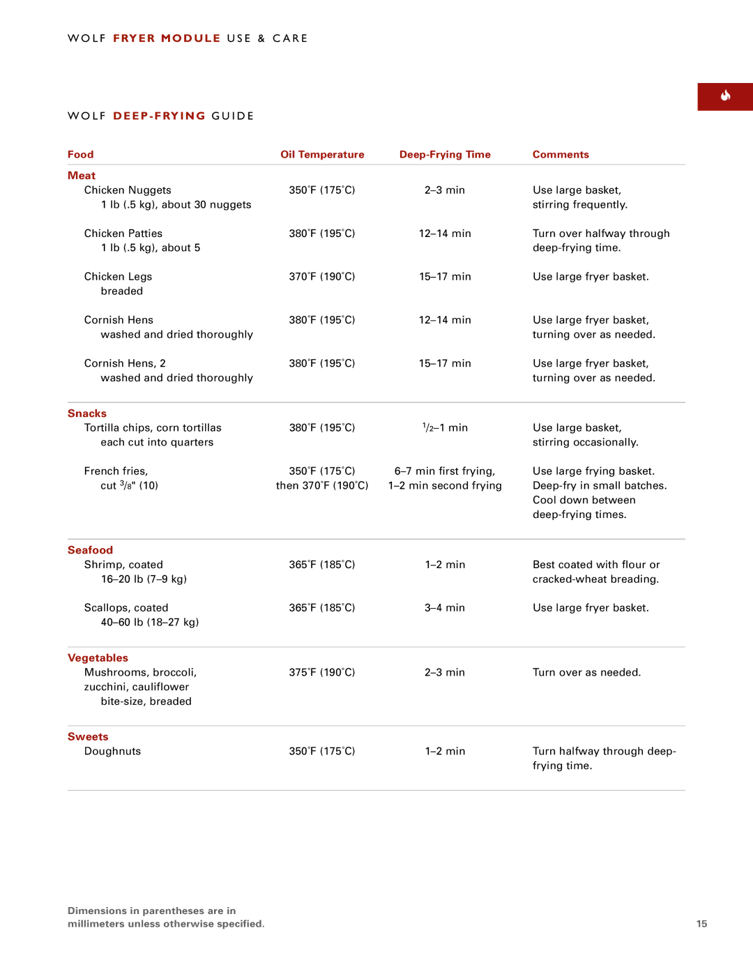 Wolf Appliance Company WOLF FRYER MODULE manual Meat, Snacks, Seafood, Vegetables, Sweets 