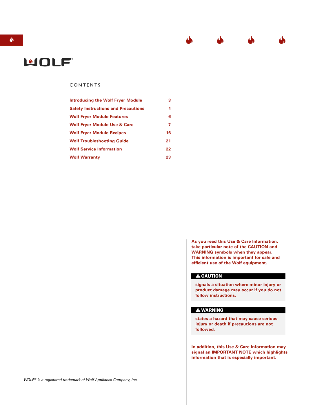 Wolf Appliance Company WOLF FRYER MODULE manual N T E N T S 