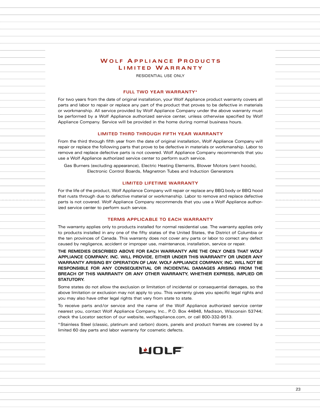 Wolf Appliance Company WOLF FRYER MODULE manual Full TWO Year Warranty 