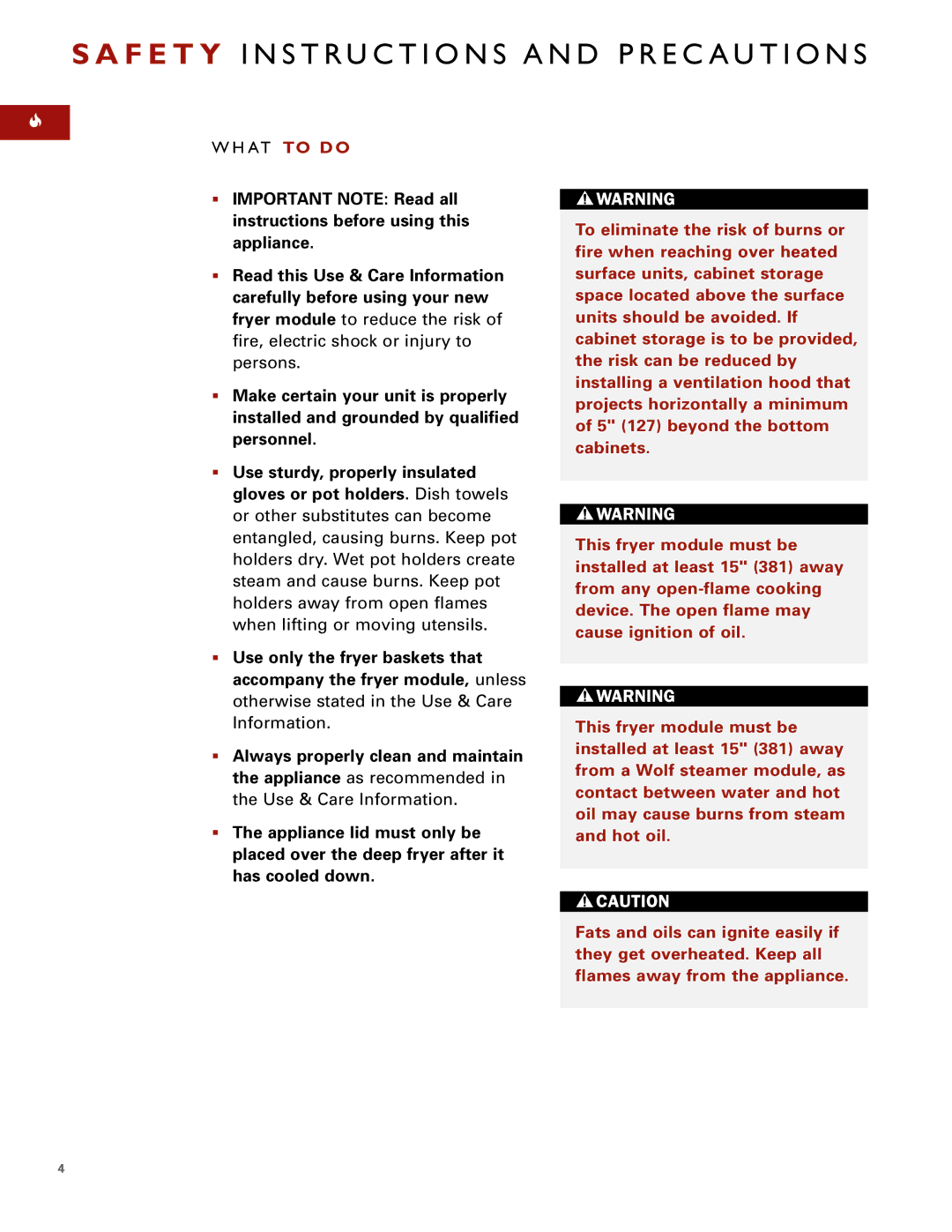 Wolf Appliance Company WOLF FRYER MODULE manual F E T Y I N S T R U C T I O N S a N D P R E C a U T I O N S 