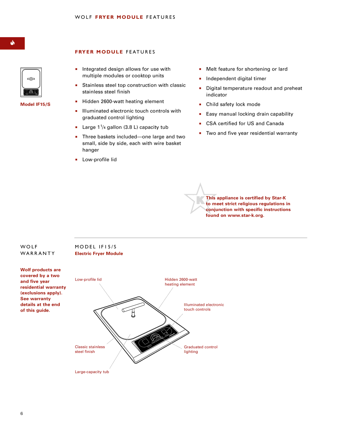 Wolf Appliance Company WOLF FRYER MODULE manual L F Fryer Module F E AT U R E S, L F WA R R a N T Y 