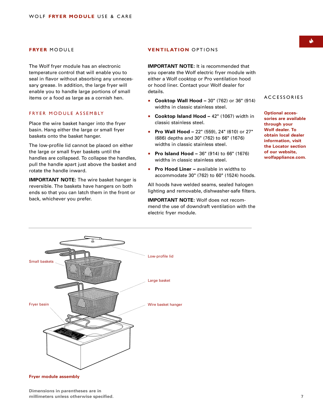 Wolf Appliance Company WOLF FRYER MODULE L F Fryer Module U S E & C a R E, Fryer M O D U L E Ventilation O P T I O N S 