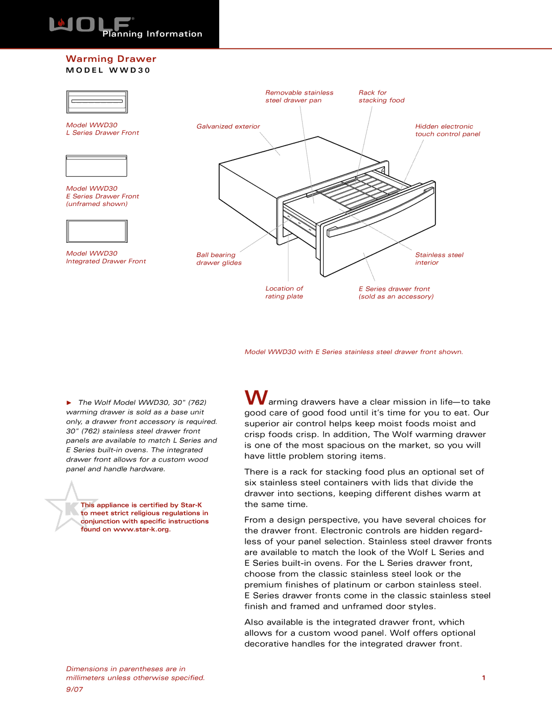 Wolf Appliance Company WWD30 dimensions Warming Drawer 