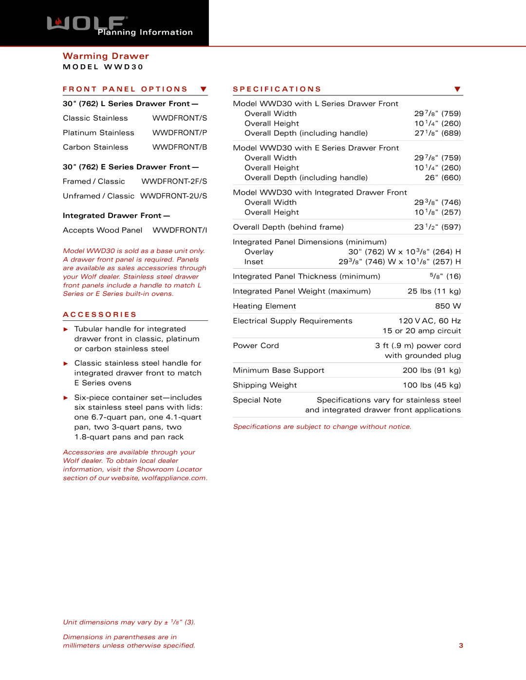 Wolf Appliance Company WWD30 dimensions O N T P a N E L O P T I O N S, C E S S O R I E S, Specification S 