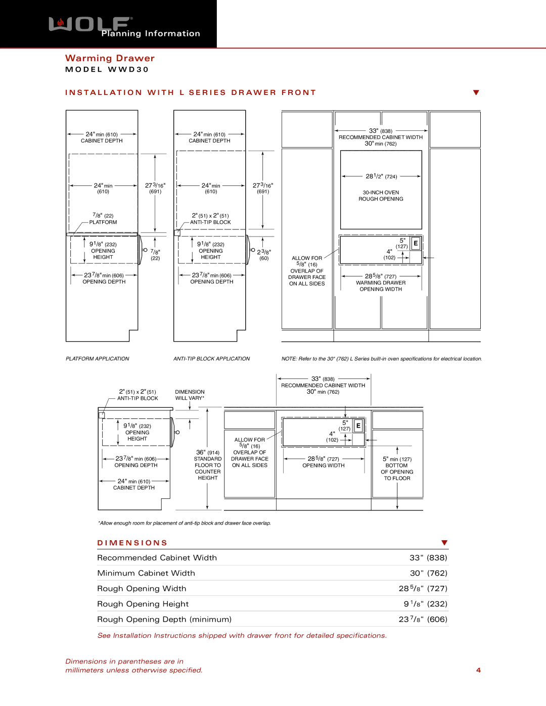 Wolf Appliance Company WWD30 dimensions Installation W I T H L S E R I E S D R a W E R F R O N T, M E N S I O N S 