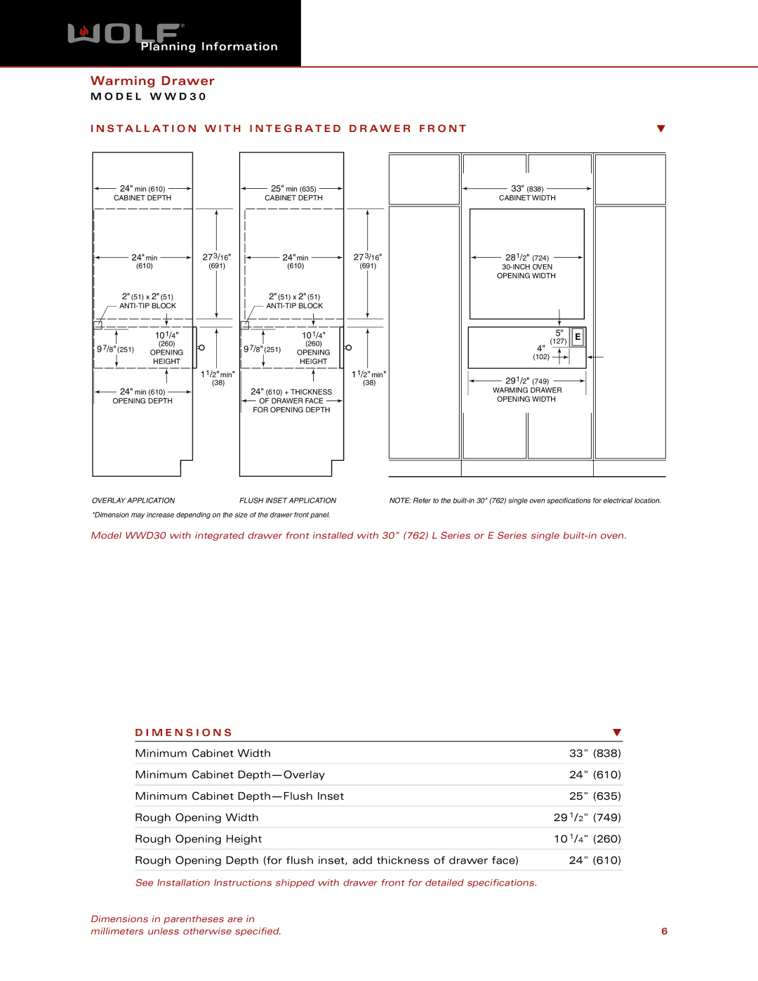 Wolf Appliance Company WWD30 dimensions 273/16 24min 