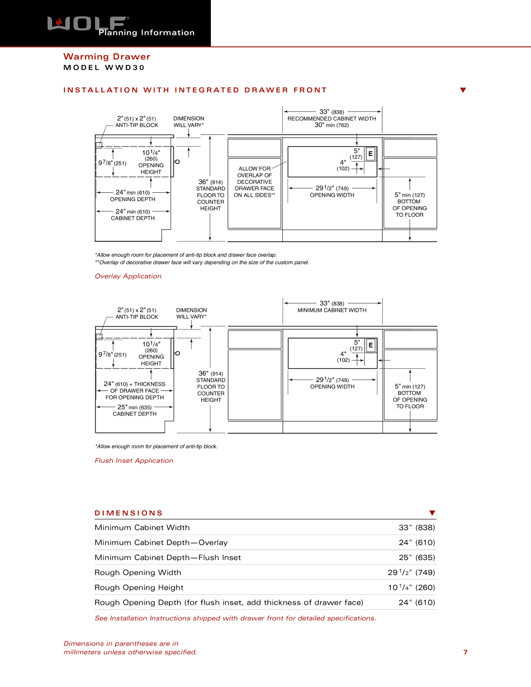 Wolf Appliance Company WWD30 dimensions Flush Inset Application 