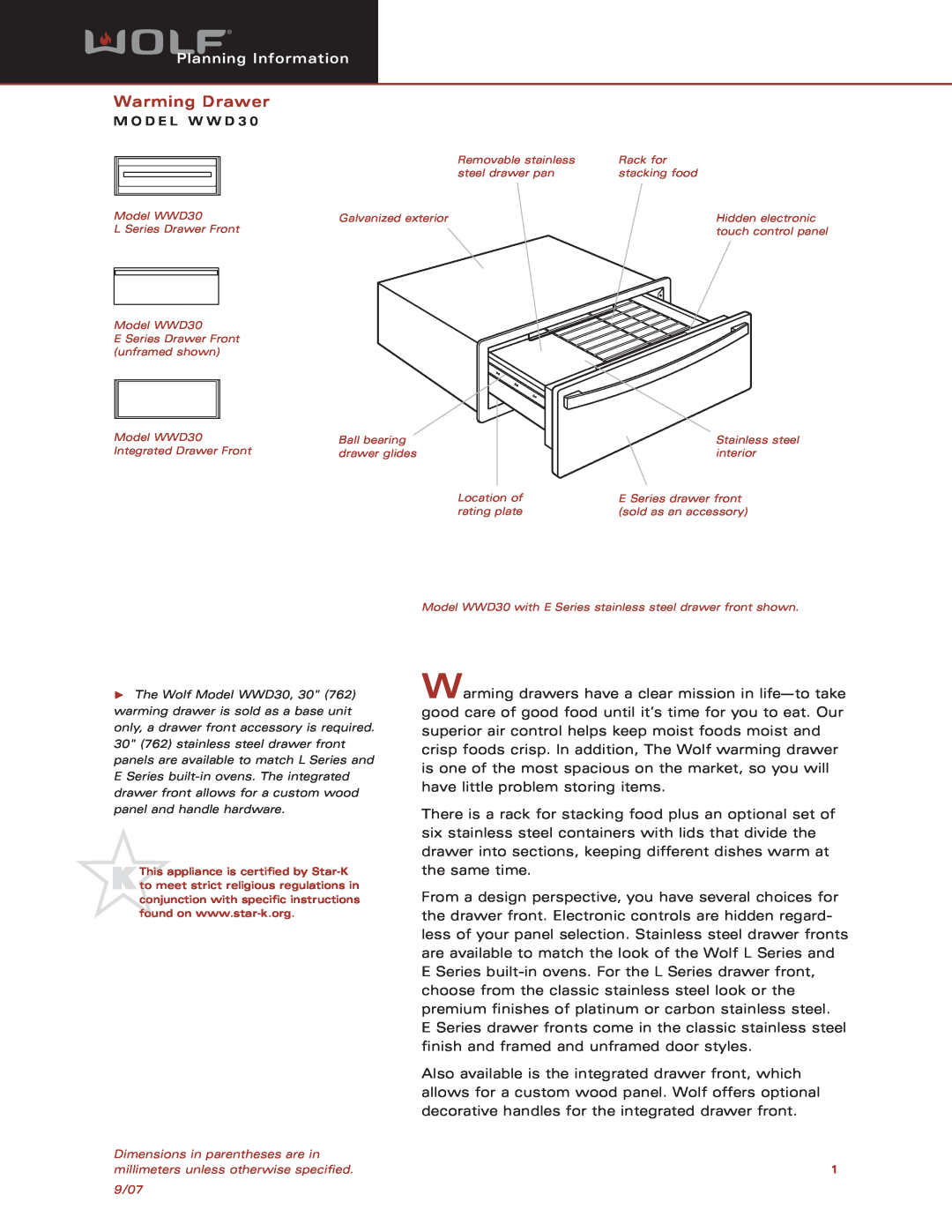 Wolf Appliance Company WWD30 dimensions Warming Drawer, Planning Information 