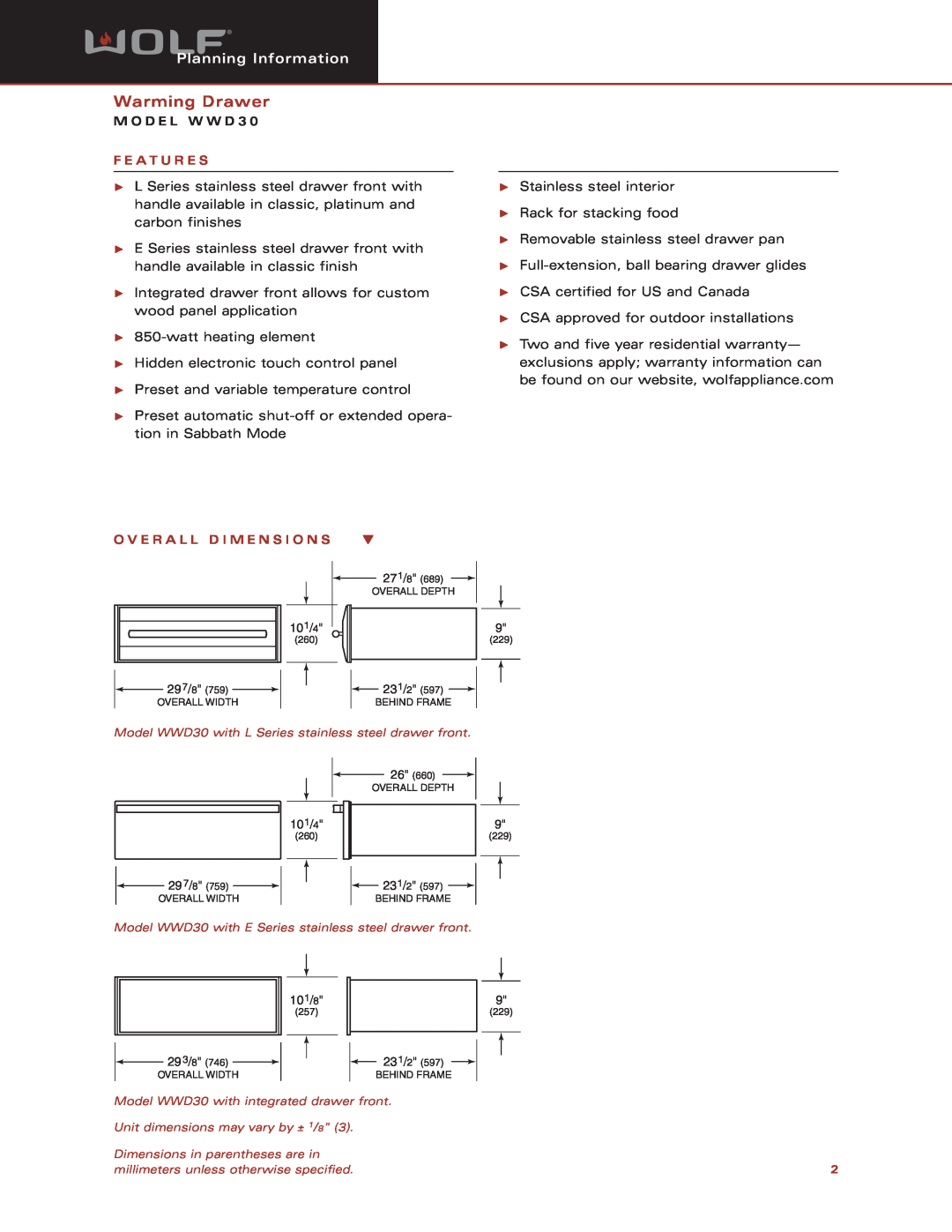 Wolf Appliance Company WWD30 dimensions Warming Drawer, Planning Information, M O D E L W W D, F E A T U R E S 