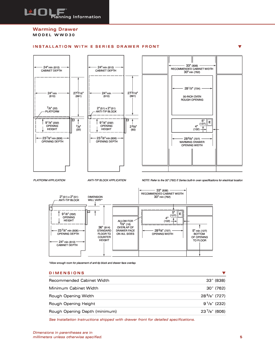 Wolf Appliance Company WWD30 dimensions Warming Drawer, Planning Information, M O D E L W W D 3, D I M E N S I O N S 