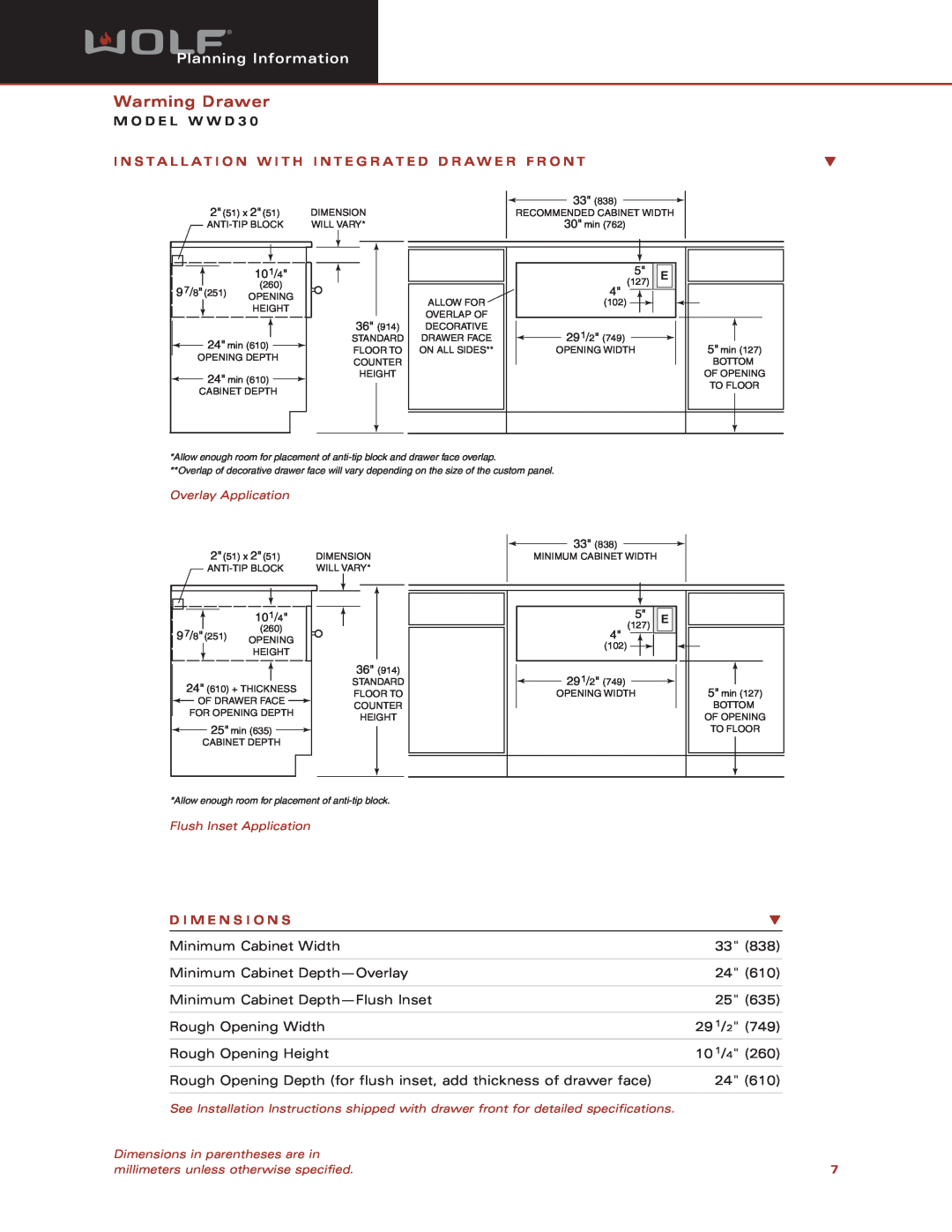 Wolf Appliance Company WWD30 dimensions Warming Drawer, Planning Information, M O D E L W W D, D I M E N S I O N S, 101/4 