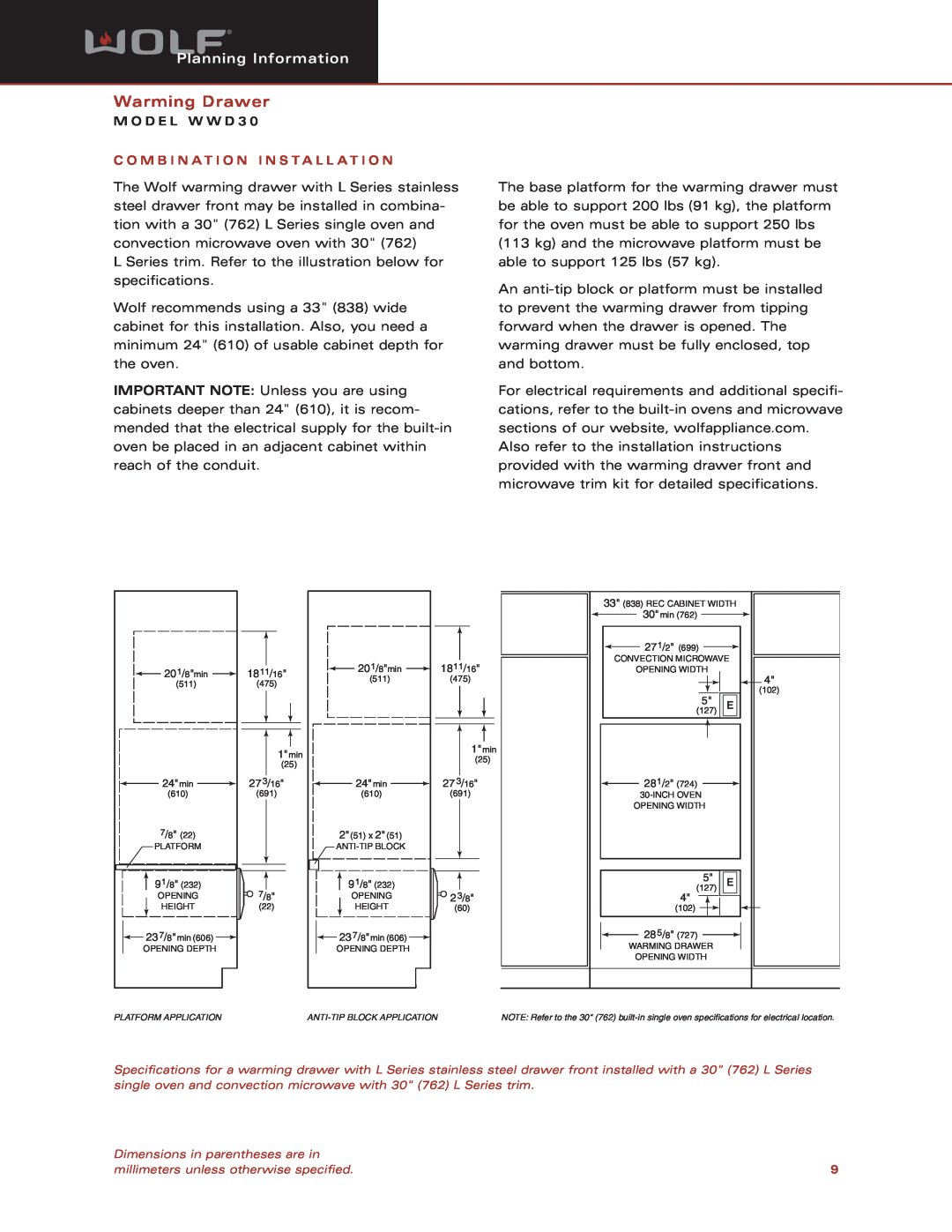 Wolf Appliance Company WWD30 dimensions Warming Drawer, Planning Information, M O D E L W W D 