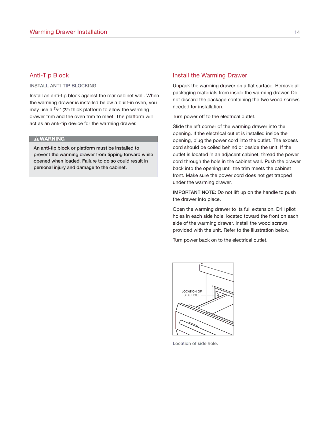 Wolf Appliance Company WWD30O manual Warming Drawer Installation Anti-Tip Block, Install the Warming Drawer 