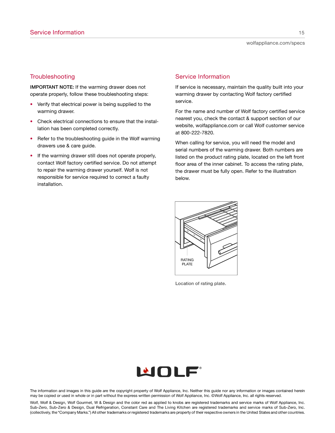 Wolf Appliance Company WWD30O manual Service Information Troubleshooting 