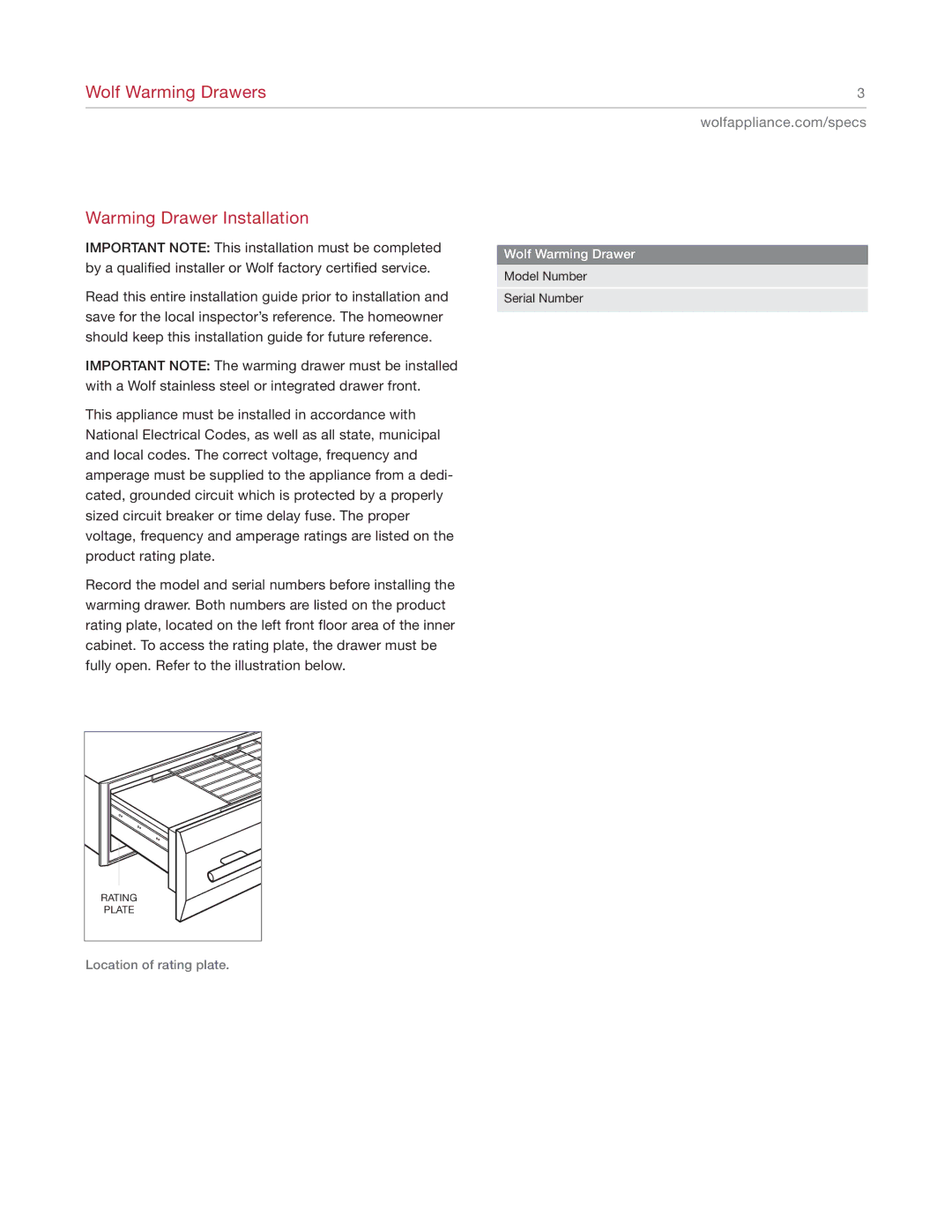 Wolf Appliance Company WWD30O manual Wolf Warming Drawers Warming Drawer Installation 