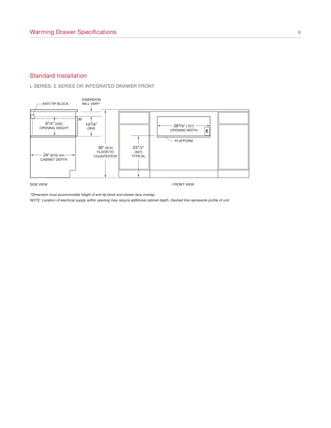 Wolf Appliance Company WWD30O manual Warming Drawer Specifications Standard Installation 