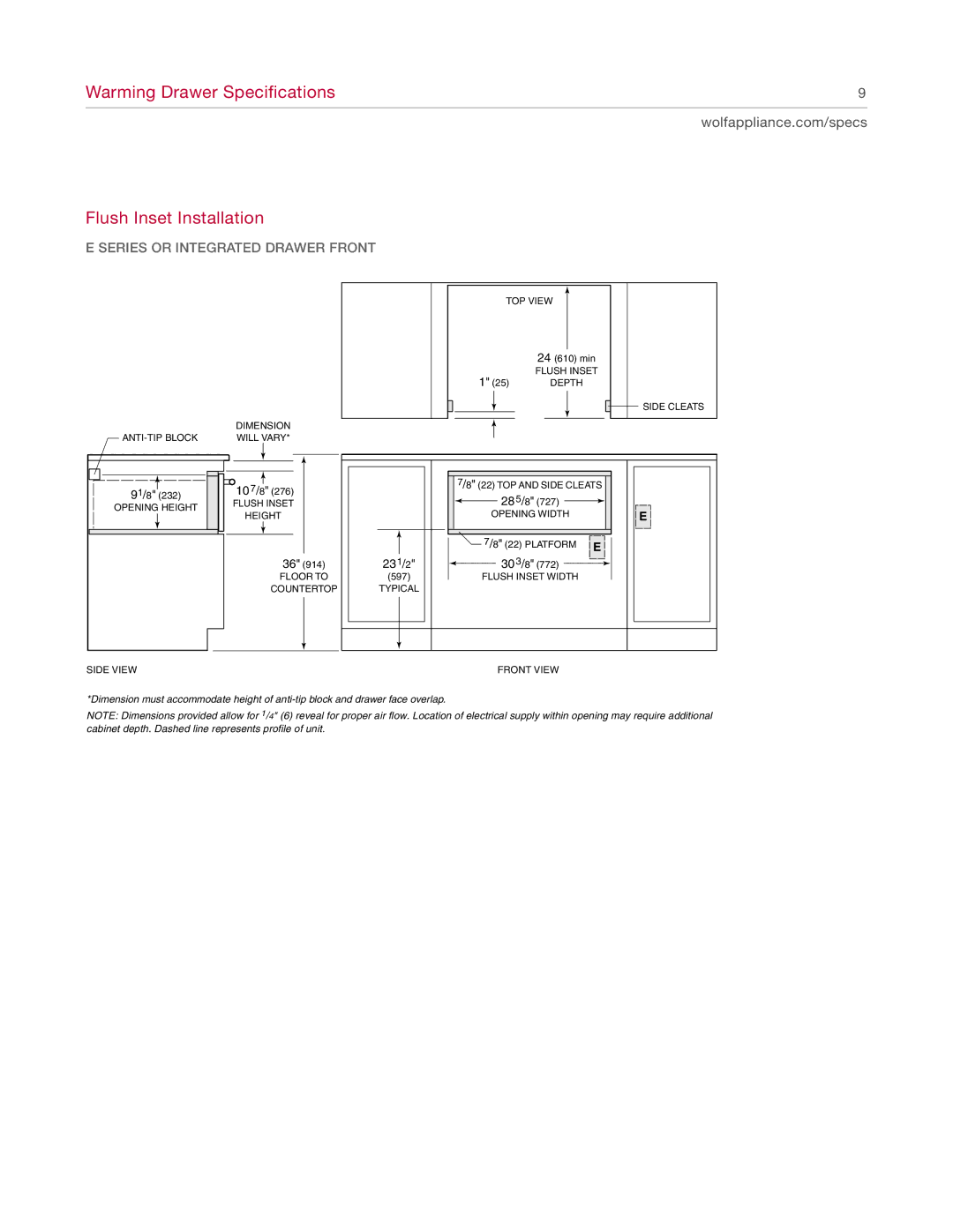 Wolf Appliance Company WWD30O Warming Drawer Specifications Flush Inset Installation, Series or Integrated Drawer Front 