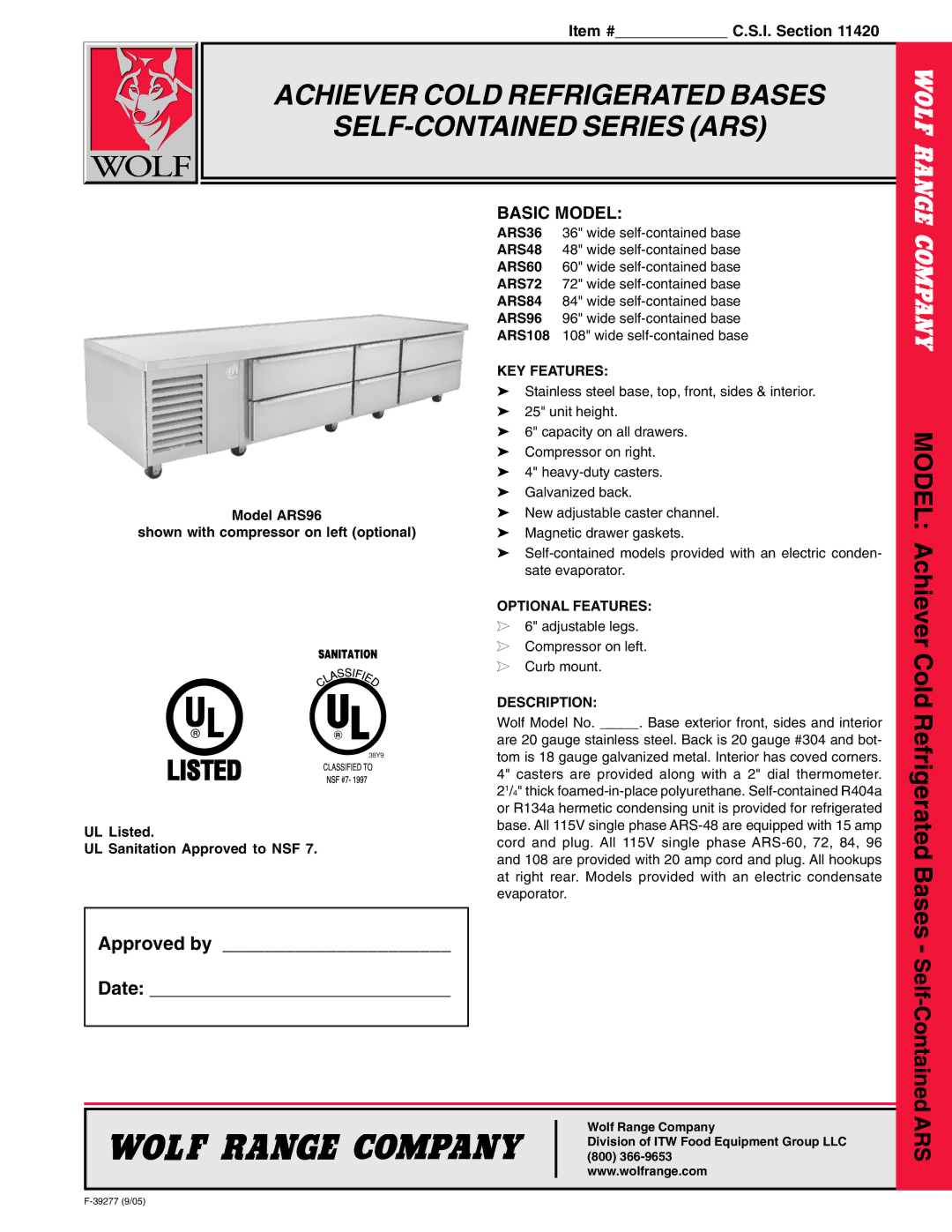 Wolf ARS48, ARS36, ARS96, ARS108, ARS72, ARS84 manual Achiever Cold Refrigerated Bases SELF-CONTAINED Series ARS, Basic Model 