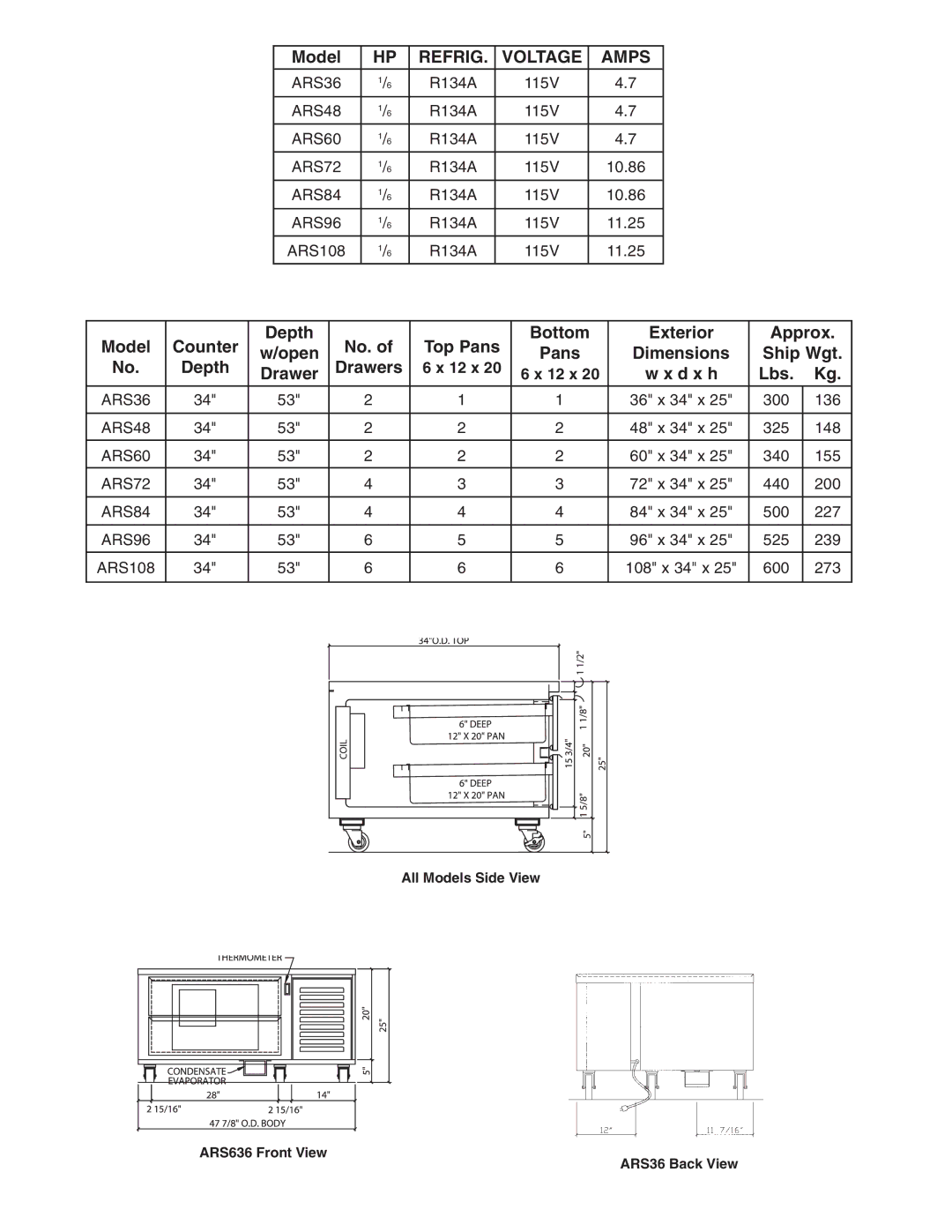 Wolf ARS96, ARS36, ARS48, ARS108, ARS72, ARS84, ARS60 manual Refrig Voltage Amps, D x h Lbs 