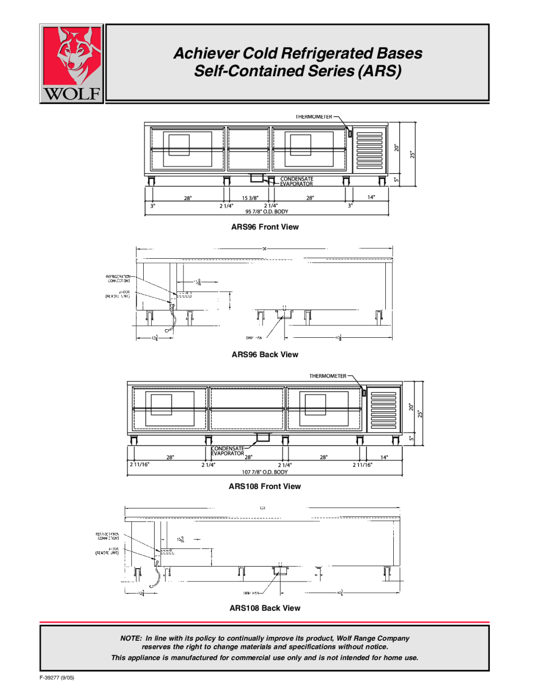 Wolf ARS72, ARS36, ARS48, ARS96, ARS108, ARS84, ARS60 manual Achiever Cold Refrigerated Bases Self-Contained Series ARS 