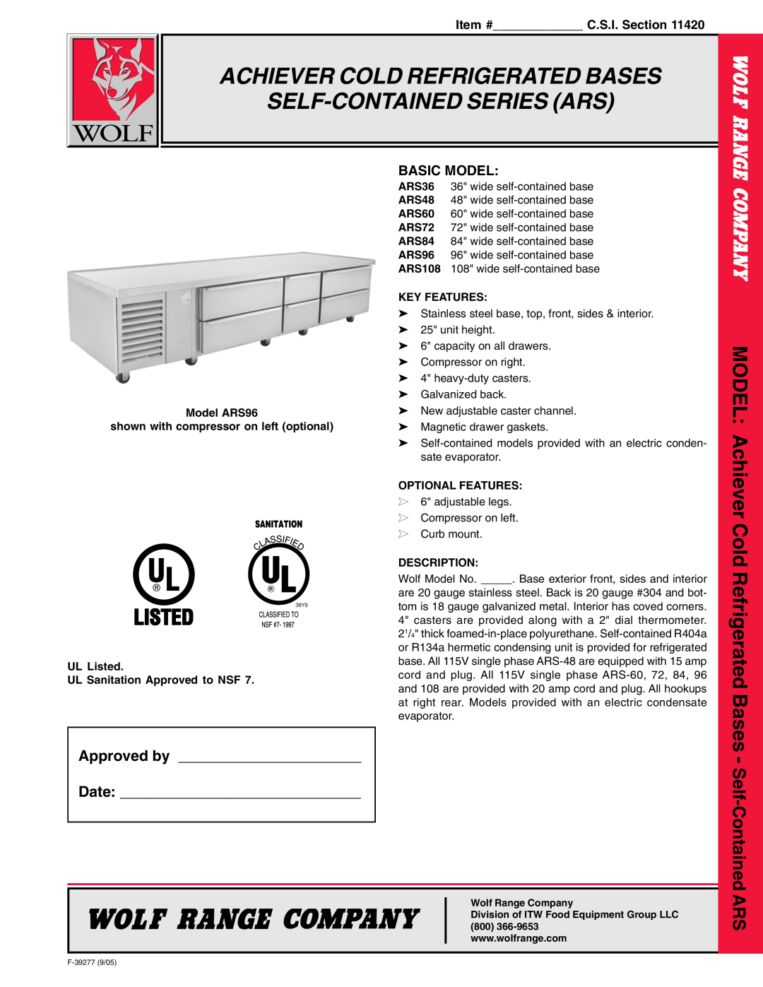 Wolf ARS48 manual Achiever Cold Refrigerated Bases Self-Contained Series Ars, Item # C.S.I. Section, MODEL Achiever Cold 