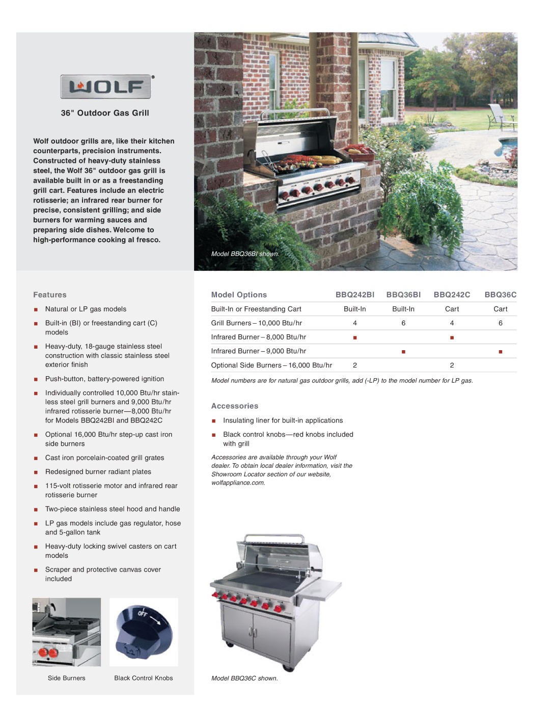 Wolf BBQ242BI manual Features, Model Options, Accessories 