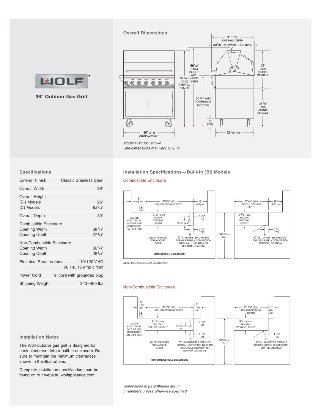 Wolf BBQ242BI manual Overall Dimensions, Installation Specifications-Built-In BI Models, Installation Notes 