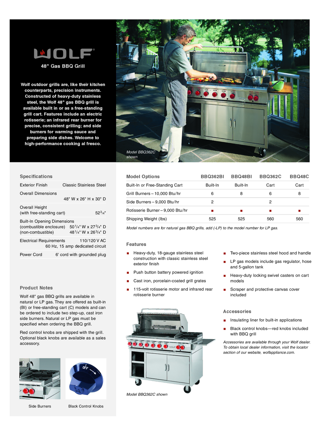 Wolf specifications Gas BBQ Grill, BBQ362BI BBQ48BI BBQ362C BBQ48C 