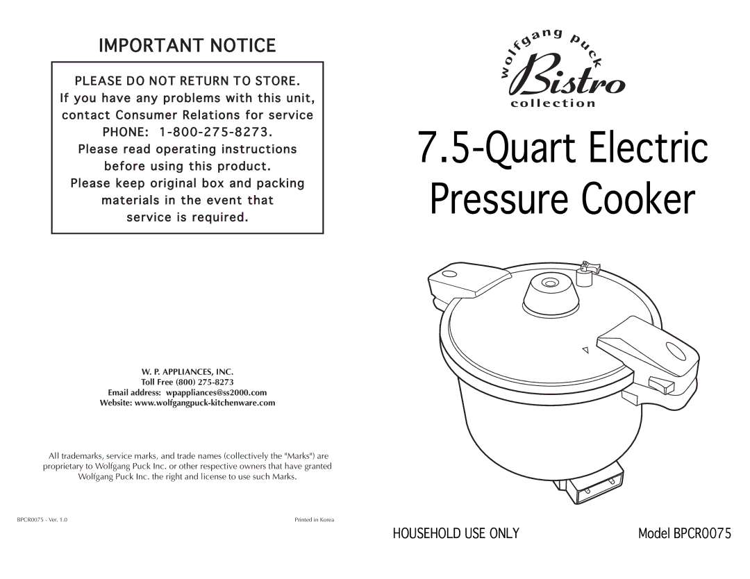 Wolf BPCR0075 manual Quart Electric Pressure Cooker 