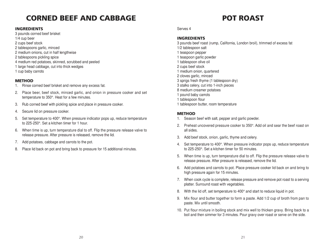 Wolf BPCR0075 manual Corned Beef and Cabbage, POT Roast 