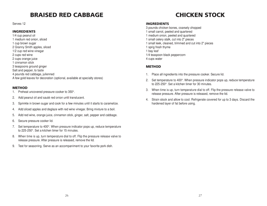 Wolf BPCR0075 manual Braised RED Cabbage, Chicken Stock 