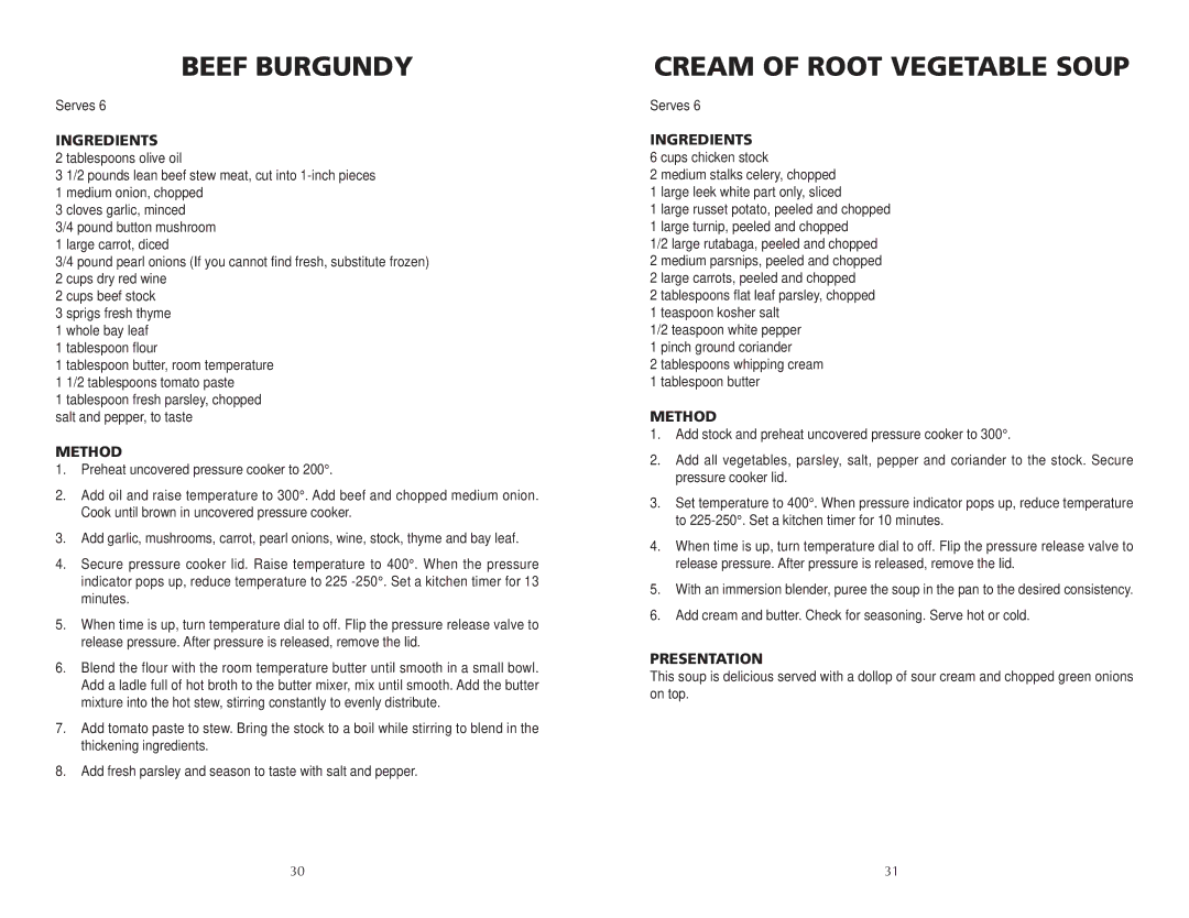 Wolf BPCR0075 manual Beef Burgundy, Cream of Root Vegetable Soup 