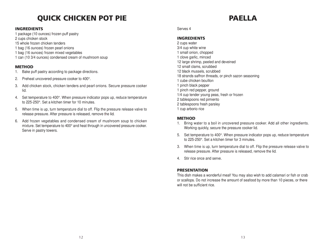 Wolf BPCR0075 manual Quick Chicken POT PIE, Paella 