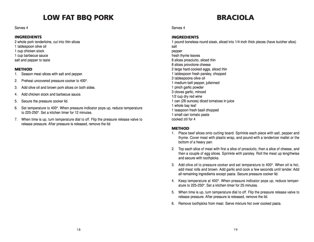 Wolf BPCR0075 manual Low Fat Bbq Pork, Braciola, Ingredients, Method 