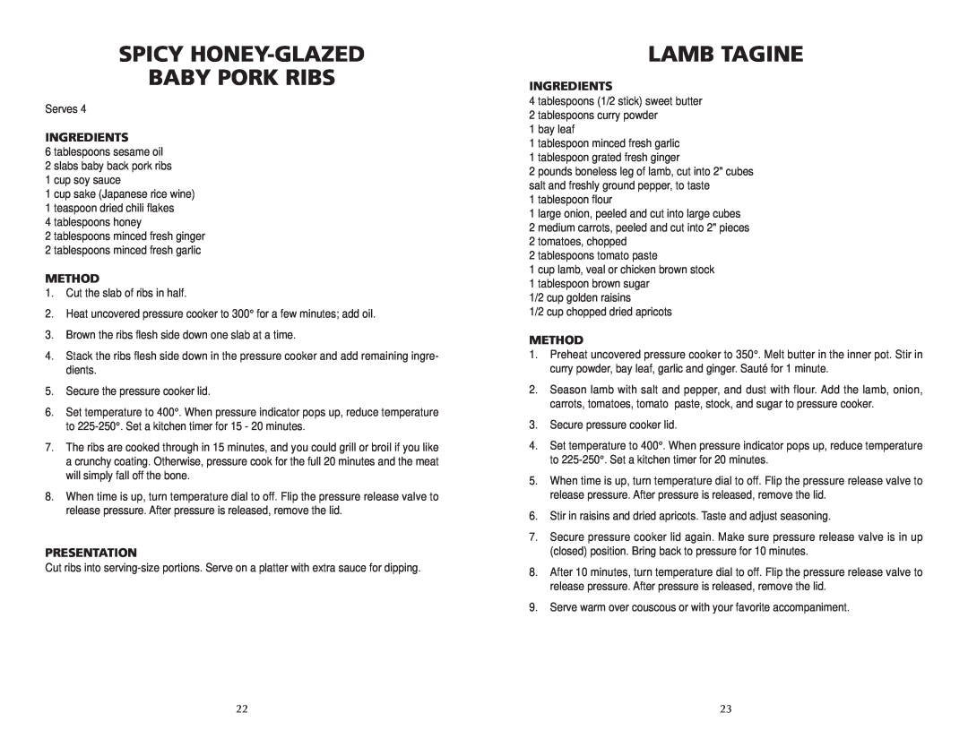 Wolf BPCR0075 manual Spicy Honey-Glazed Baby Pork Ribs, Lamb Tagine, Ingredients, Method, Presentation 