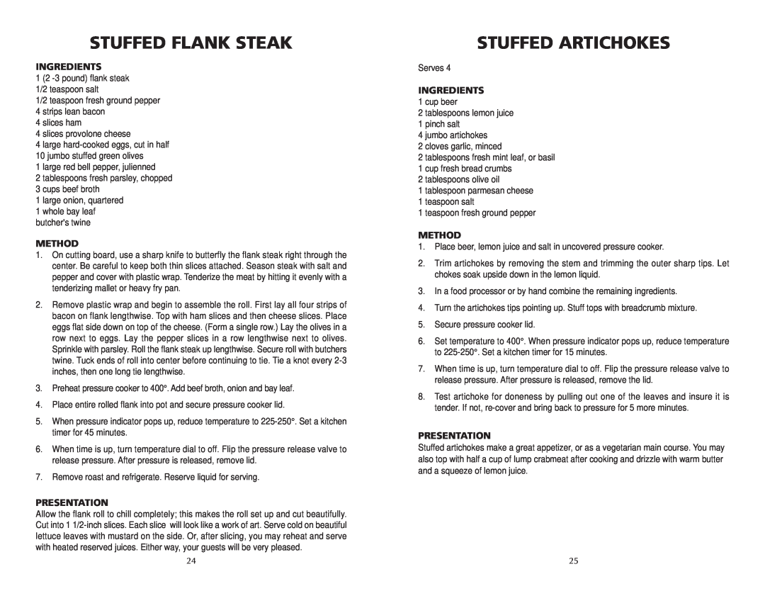 Wolf BPCR0075 manual Stuffed Flank Steak, Stuffed Artichokes, Ingredients, Method, Presentation 