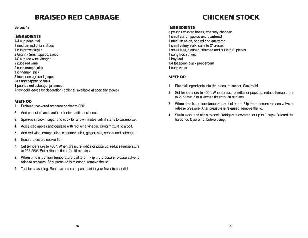 Wolf BPCR0075 manual Braised Red Cabbage, Chicken Stock, Ingredients, Method 