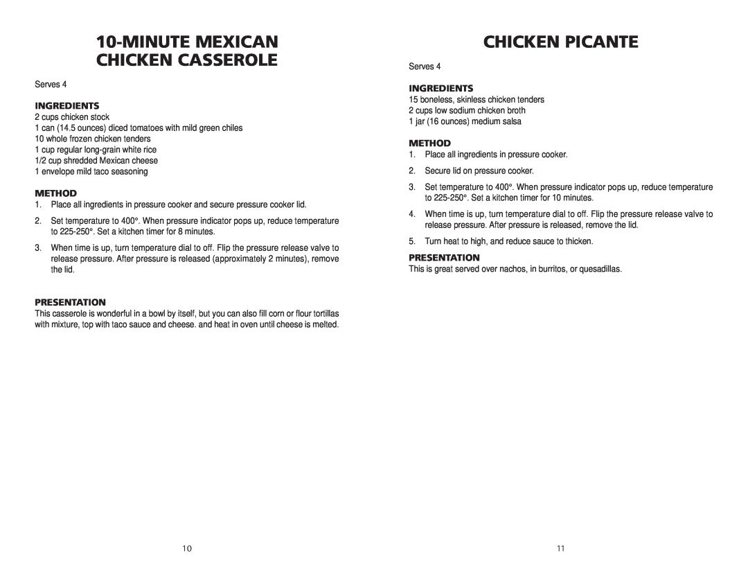 Wolf BPCR0075 manual Chicken Picante, Minute Mexican Chicken Casserole, Ingredients, Method, Presentation 