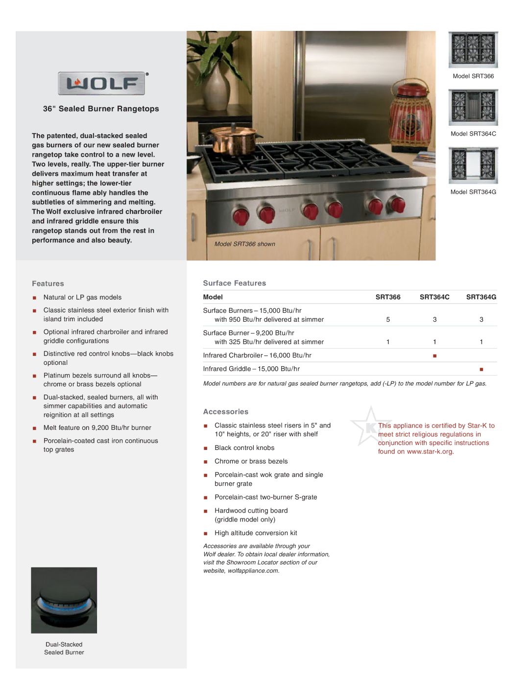 Wolf Burner Rangetop manual Surface Features, Accessories 