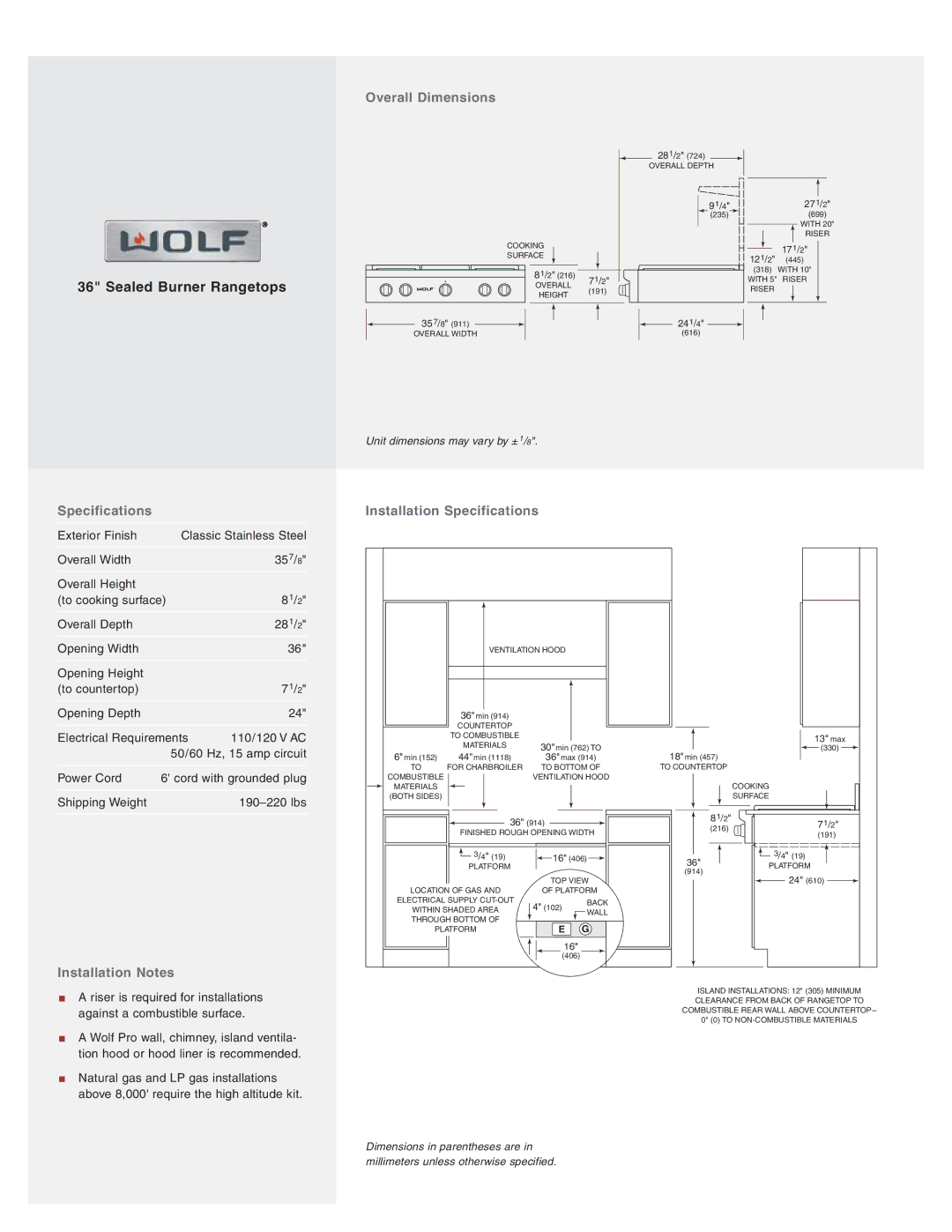 Wolf Burner Rangetop manual Overall Dimensions, Installation Notes, Installation Specifications 