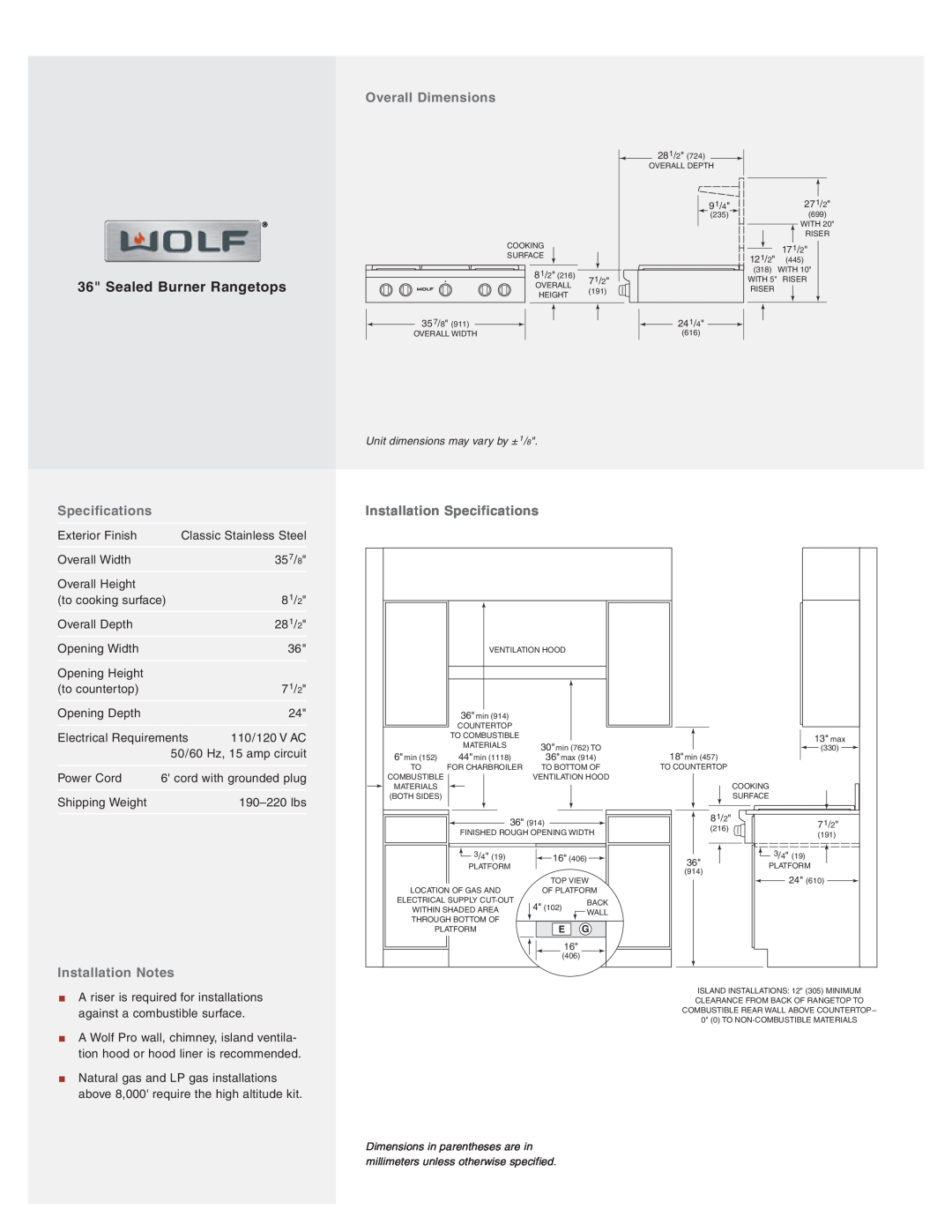 Wolf manual Overall Dimensions, Installation Notes, Installation Specifications, Sealed Burner Rangetops 