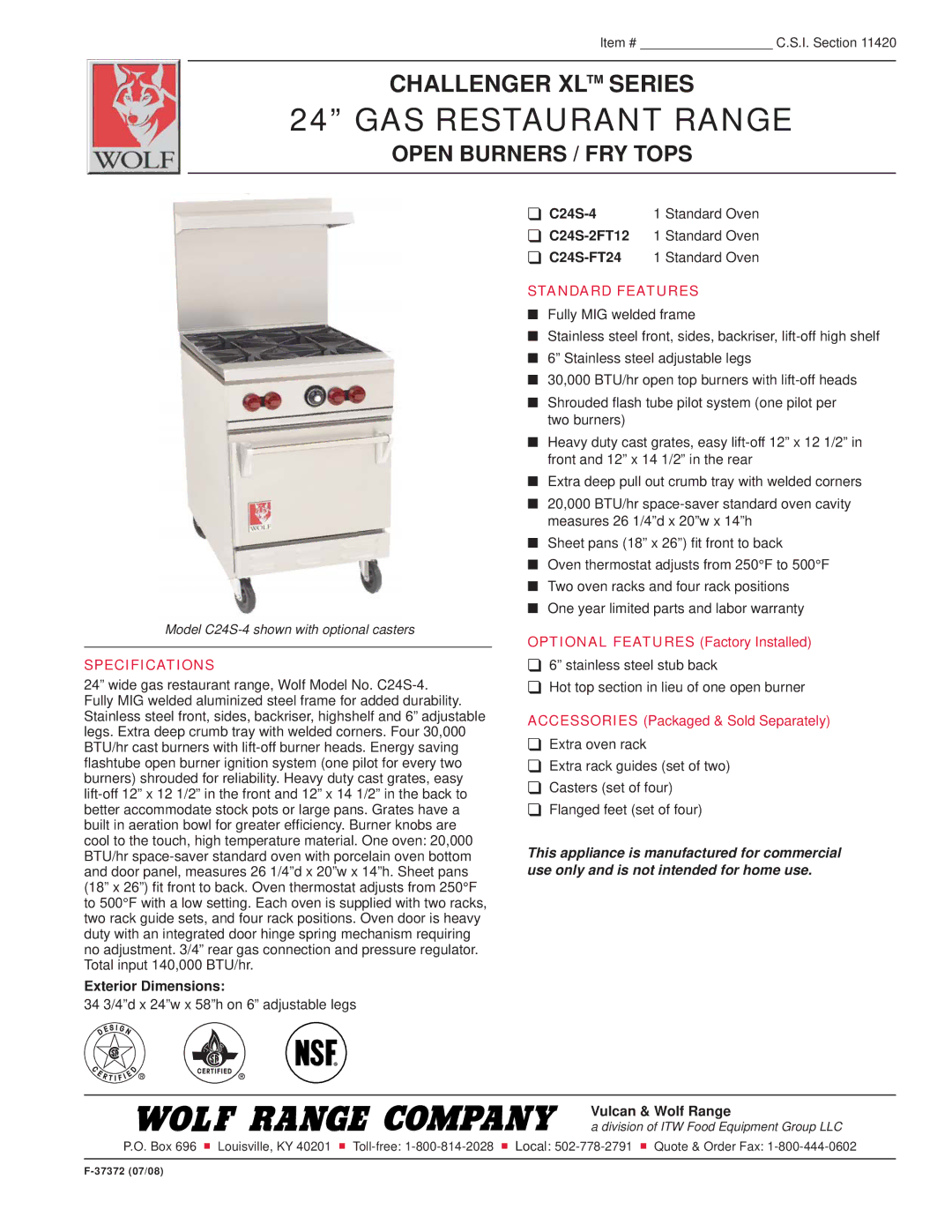 Wolf C24S-FT24, C24S-4 specifications GAS Restaurant Range, Open Burners / FRY Tops, Specifications, Standard Features 