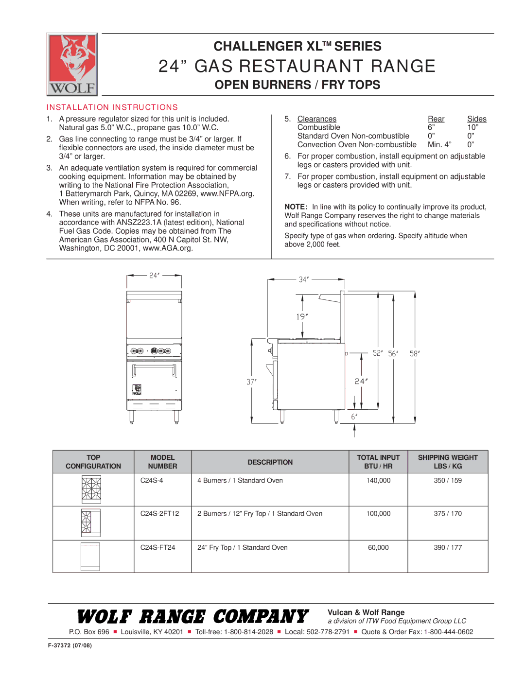 Wolf C24S-2FT12, C24S-4, C24S-FT24 Installation Instructions, Model Description, Shipping Weight, Number BTU / HR LBS / KG 