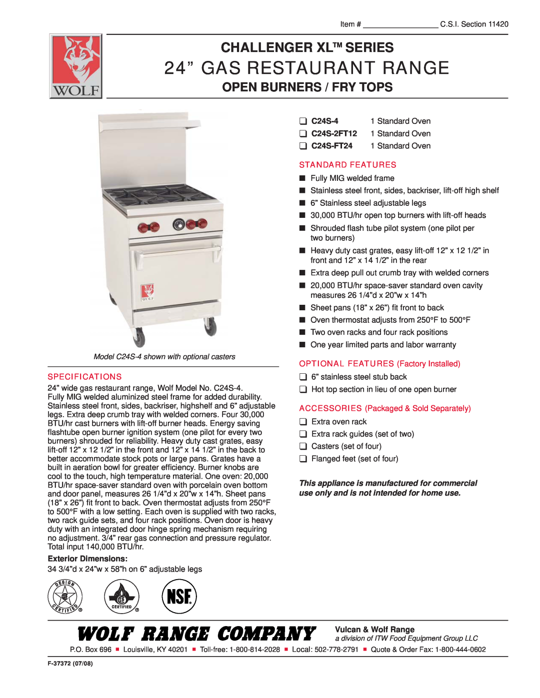 Wolf C24S-FT24 specifications 24” GAS RESTAURANT RANGE, Challenger Xl Series, Open Burners / Fry Tops, Specifications 