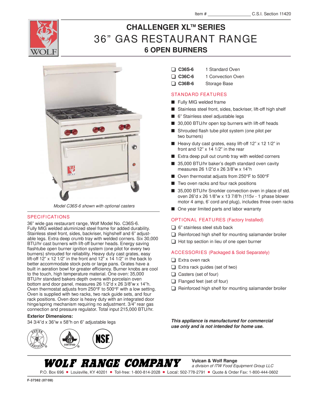 Wolf C36C-6, C36S-6, C36B-6 specifications GAS Restaurant Range, Open Burners, Specifications, Standard Features 