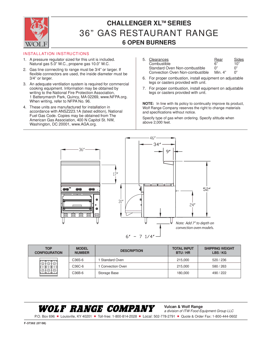 Wolf C36B-6, C36S-6, C36C-6 specifications Installation Instructions, Description, Shipping Weight, Number BTU / HR LBS / KG 