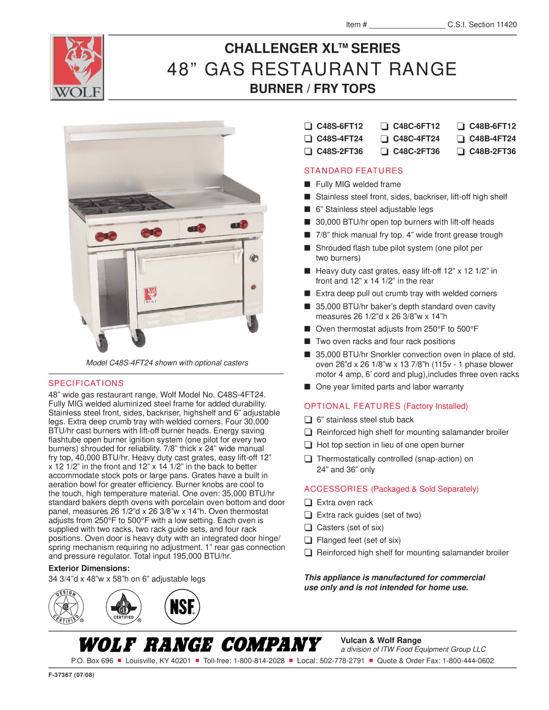 Wolf C48C-2FT36, C48C-4FT24 specifications GAS Restaurant Range, Burner / FRY Tops, Specifications, Standard Features 