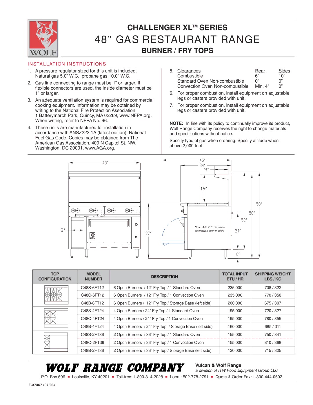 Wolf C48S-4FT24 Installation Instructions, TOP Model Description Total Input Shipping Weight, Number BTU / HR LBS / KG 